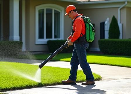A service worker using a leaf blower to clear grass clippings from a sidewalk.