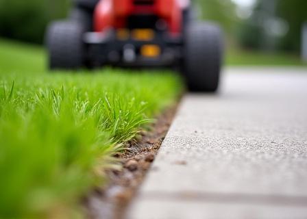 A close-up of a power edger creating a clean line along a concrete driveway.